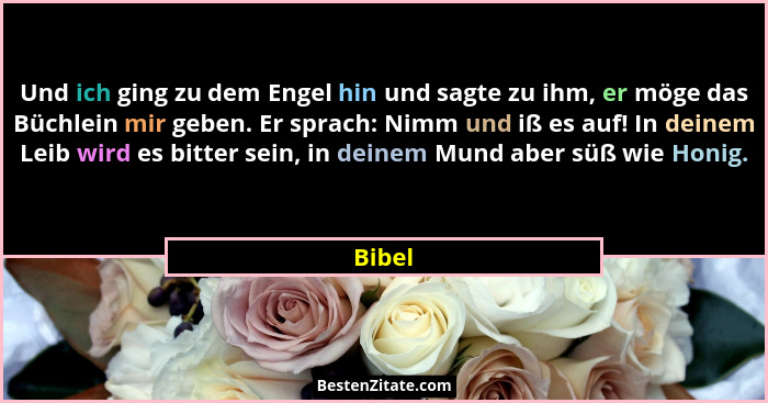 Und ich ging zu dem Engel hin und sagte zu ihm, er möge das Büchlein mir geben. Er sprach: Nimm und iß es auf! In deinem Leib wird es bitter s... - Bibel
