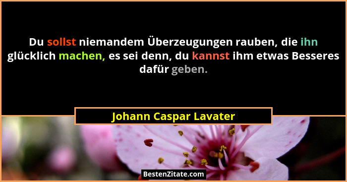 Du sollst niemandem Überzeugungen rauben, die ihn glücklich machen, es sei denn, du kannst ihm etwas Besseres dafür geben.... - Johann Caspar Lavater