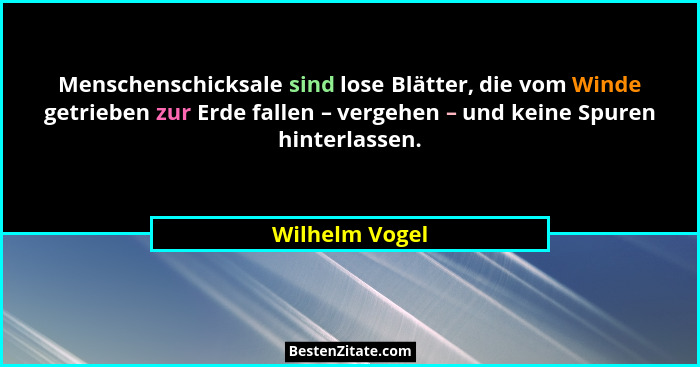 Menschenschicksale sind lose Blätter, die vom Winde getrieben zur Erde fallen – vergehen – und keine Spuren hinterlassen.... - Wilhelm Vogel