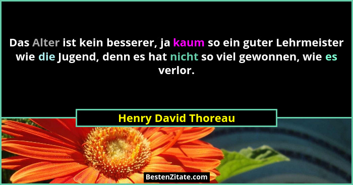 Das Alter ist kein besserer, ja kaum so ein guter Lehrmeister wie die Jugend, denn es hat nicht so viel gewonnen, wie es verlor.... - Henry David Thoreau