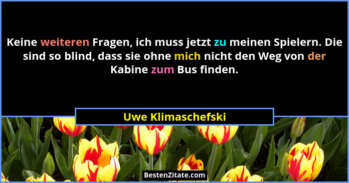 Keine weiteren Fragen, ich muss jetzt zu meinen Spielern. Die sind so blind, dass sie ohne mich nicht den Weg von der Kabine zum B... - Uwe Klimaschefski