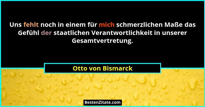 Uns fehlt noch in einem für mich schmerzlichen Maße das Gefühl der staatlichen Verantwortlichkeit in unserer Gesamtvertretung.... - Otto von Bismarck