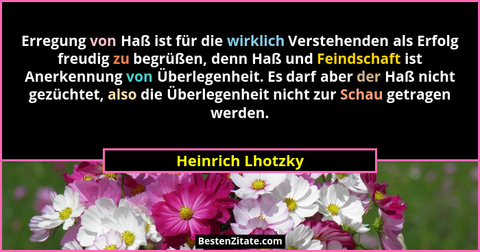 Erregung von Haß ist für die wirklich Verstehenden als Erfolg freudig zu begrüßen, denn Haß und Feindschaft ist Anerkennung von Übe... - Heinrich Lhotzky