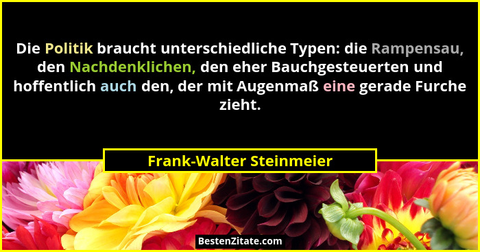 Die Politik braucht unterschiedliche Typen: die Rampensau, den Nachdenklichen, den eher Bauchgesteuerten und hoffentlich auc... - Frank-Walter Steinmeier