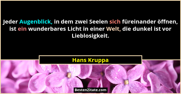 Jeder Augenblick, in dem zwei Seelen sich füreinander öffnen, ist ein wunderbares Licht in einer Welt, die dunkel ist vor Lieblosigkeit.... - Hans Kruppa
