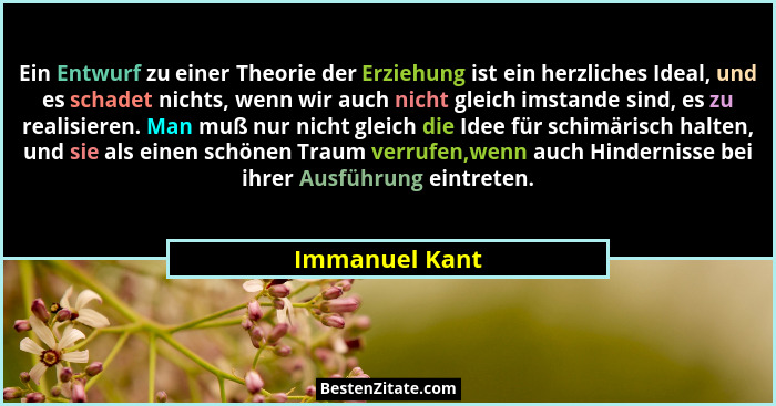 Ein Entwurf zu einer Theorie der Erziehung ist ein herzliches Ideal, und es schadet nichts, wenn wir auch nicht gleich imstande sind,... - Immanuel Kant
