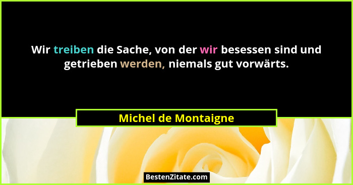 Wir treiben die Sache, von der wir besessen sind und getrieben werden, niemals gut vorwärts.... - Michel de Montaigne