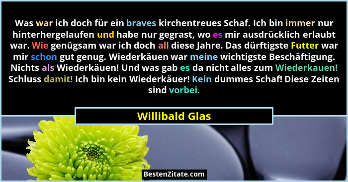 Was war ich doch für ein braves kirchentreues Schaf. Ich bin immer nur hinterhergelaufen und habe nur gegrast, wo es mir ausdrücklich... - Willibald Glas