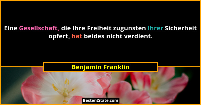 Eine Gesellschaft, die Ihre Freiheit zugunsten Ihrer Sicherheit opfert, hat beides nicht verdient.... - Benjamin Franklin
