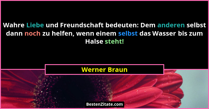 Wahre Liebe und Freundschaft bedeuten: Dem anderen selbst dann noch zu helfen, wenn einem selbst das Wasser bis zum Halse steht!... - Werner Braun
