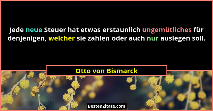 Jede neue Steuer hat etwas erstaunlich ungemütliches für denjenigen, welcher sie zahlen oder auch nur auslegen soll.... - Otto von Bismarck