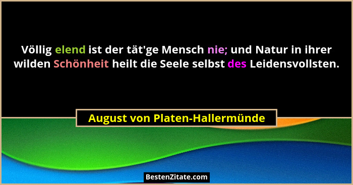 Völlig elend ist der tät'ge Mensch nie; und Natur in ihrer wilden Schönheit heilt die Seele selbst des Leidensvoll... - August von Platen-Hallermünde
