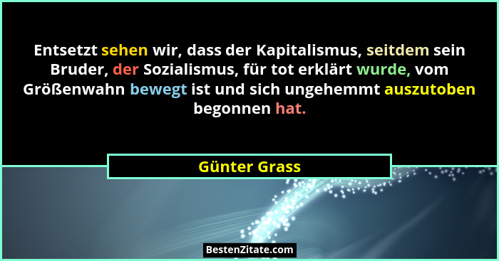 Entsetzt sehen wir, dass der Kapitalismus, seitdem sein Bruder, der Sozialismus, für tot erklärt wurde, vom Größenwahn bewegt ist und s... - Günter Grass