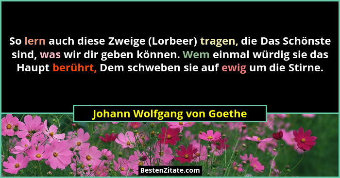 So lern auch diese Zweige (Lorbeer) tragen, die Das Schönste sind, was wir dir geben können. Wem einmal würdig sie das Ha... - Johann Wolfgang von Goethe