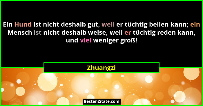 Ein Hund ist nicht deshalb gut, weil er tüchtig bellen kann; ein Mensch ist nicht deshalb weise, weil er tüchtig reden kann, und viel wenig... - Zhuangzi