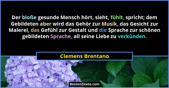 Der bloße gesunde Mensch hört, sieht, fühlt, spricht; dem Gebildeten aber wird das Gehör zur Musik, das Gesicht zur Malerei, das Ge... - Clemens Brentano