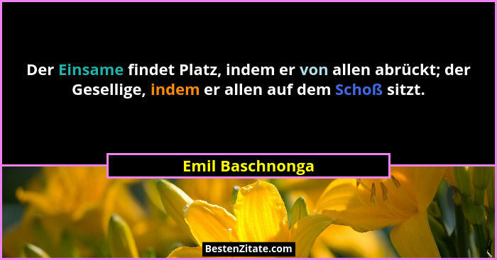 Der Einsame findet Platz, indem er von allen abrückt; der Gesellige, indem er allen auf dem Schoß sitzt.... - Emil Baschnonga