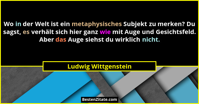 Wo in der Welt ist ein metaphysisches Subjekt zu merken? Du sagst, es verhält sich hier ganz wie mit Auge und Gesichtsfeld. Aber... - Ludwig Wittgenstein