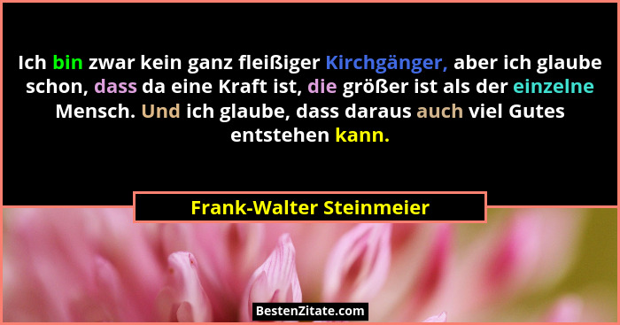 Ich bin zwar kein ganz fleißiger Kirchgänger, aber ich glaube schon, dass da eine Kraft ist, die größer ist als der einzelne... - Frank-Walter Steinmeier