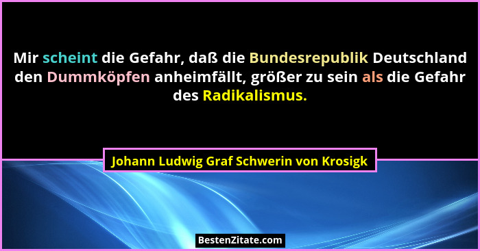 Mir scheint die Gefahr, daß die Bundesrepublik Deutschland den Dummköpfen anheimfällt, größer zu sein als di... - Johann Ludwig Graf Schwerin von Krosigk