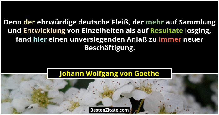 Denn der ehrwürdige deutsche Fleiß, der mehr auf Sammlung und Entwicklung von Einzelheiten als auf Resultate losging, fan... - Johann Wolfgang von Goethe