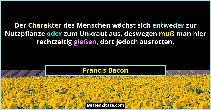 Der Charakter des Menschen wächst sich entweder zur Nutzpflanze oder zum Unkraut aus, deswegen muß man hier rechtzeitig gießen, dort j... - Francis Bacon