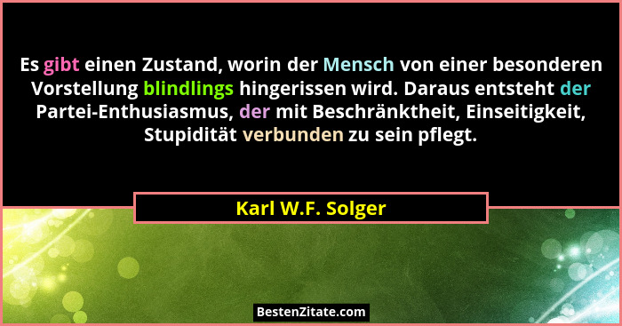 Es gibt einen Zustand, worin der Mensch von einer besonderen Vorstellung blindlings hingerissen wird. Daraus entsteht der Partei-En... - Karl W.F. Solger