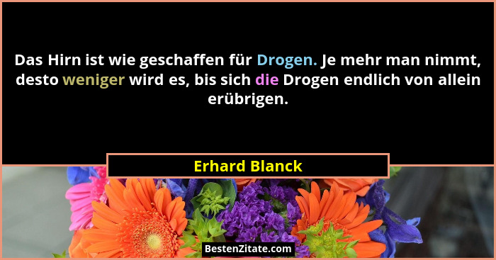 Das Hirn ist wie geschaffen für Drogen. Je mehr man nimmt, desto weniger wird es, bis sich die Drogen endlich von allein erübrigen.... - Erhard Blanck