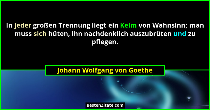 In jeder großen Trennung liegt ein Keim von Wahnsinn; man muss sich hüten, ihn nachdenklich auszubrüten und zu pflegen.... - Johann Wolfgang von Goethe