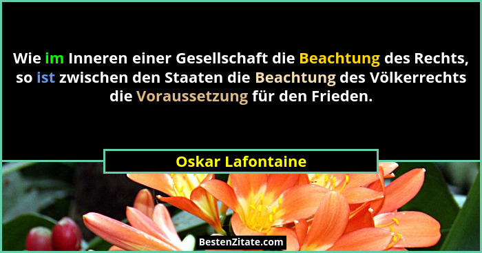 Wie im Inneren einer Gesellschaft die Beachtung des Rechts, so ist zwischen den Staaten die Beachtung des Völkerrechts die Vorausse... - Oskar Lafontaine