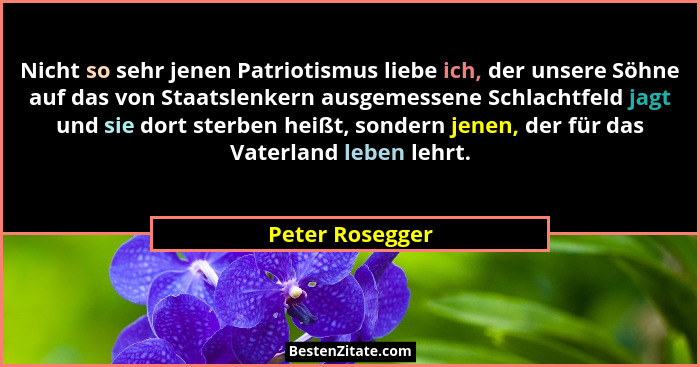 Nicht so sehr jenen Patriotismus liebe ich, der unsere Söhne auf das von Staatslenkern ausgemessene Schlachtfeld jagt und sie dort st... - Peter Rosegger