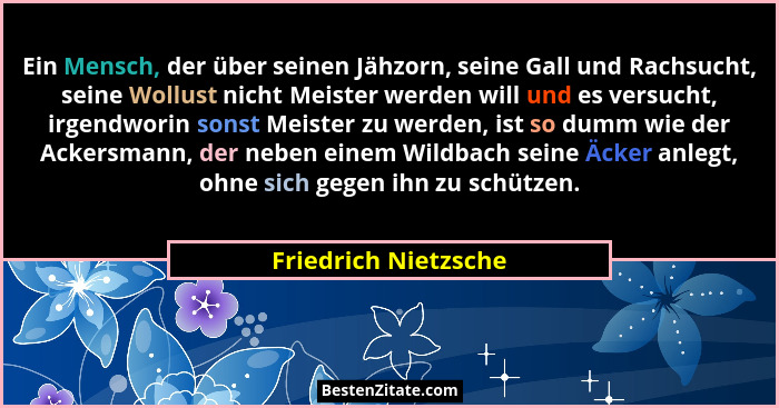 Ein Mensch, der über seinen Jähzorn, seine Gall und Rachsucht, seine Wollust nicht Meister werden will und es versucht, irgendwo... - Friedrich Nietzsche