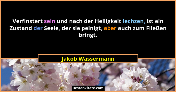 Verfinstert sein und nach der Helligkeit lechzen, ist ein Zustand der Seele, der sie peinigt, aber auch zum Fließen bringt.... - Jakob Wassermann