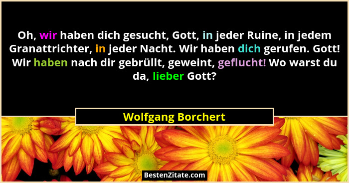 Oh, wir haben dich gesucht, Gott, in jeder Ruine, in jedem Granattrichter, in jeder Nacht. Wir haben dich gerufen. Gott! Wir haben... - Wolfgang Borchert