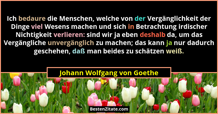 Ich bedaure die Menschen, welche von der Vergänglichkeit der Dinge viel Wesens machen und sich in Betrachtung irdischer N... - Johann Wolfgang von Goethe