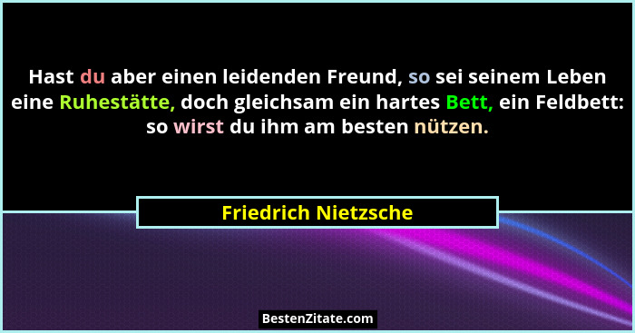 Hast du aber einen leidenden Freund, so sei seinem Leben eine Ruhestätte, doch gleichsam ein hartes Bett, ein Feldbett: so wirst... - Friedrich Nietzsche