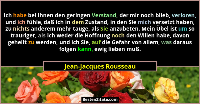 Ich habe bei Ihnen den geringen Verstand, der mir noch blieb, verloren, und ich fühle, daß ich in dem Zustand, in den Sie mich... - Jean-Jacques Rousseau