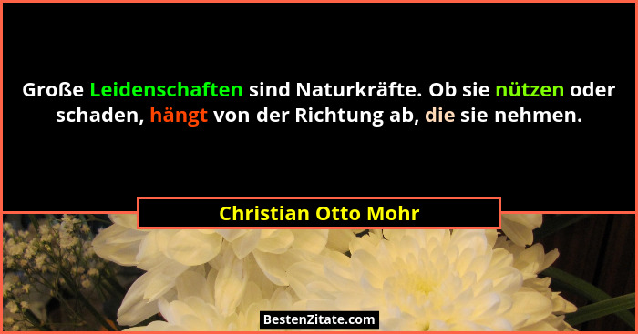 Große Leidenschaften sind Naturkräfte. Ob sie nützen oder schaden, hängt von der Richtung ab, die sie nehmen.... - Christian Otto Mohr
