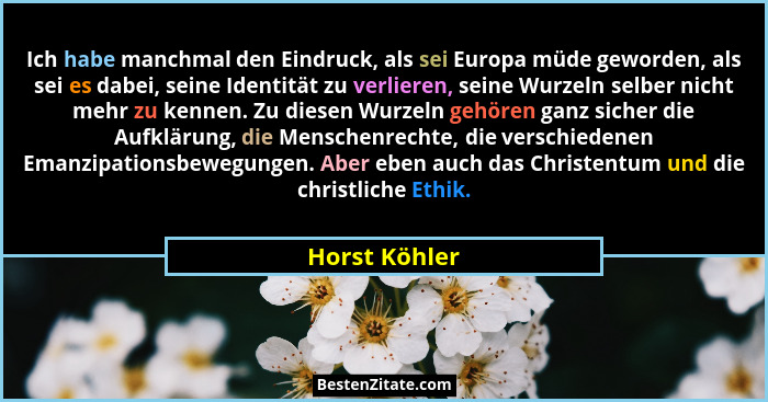 Ich habe manchmal den Eindruck, als sei Europa müde geworden, als sei es dabei, seine Identität zu verlieren, seine Wurzeln selber nich... - Horst Köhler