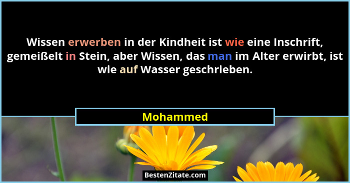 Wissen erwerben in der Kindheit ist wie eine Inschrift, gemeißelt in Stein, aber Wissen, das man im Alter erwirbt, ist wie auf Wasser gesch... - Mohammed