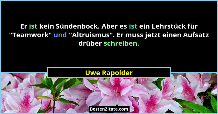 Er ist kein Sündenbock. Aber es ist ein Lehrstück für "Teamwork" und "Altruismus". Er muss jetzt einen Aufsatz drüber s... - Uwe Rapolder