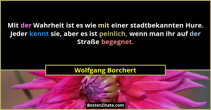 Mit der Wahrheit ist es wie mit einer stadtbekannten Hure. Jeder kennt sie, aber es ist peinlich, wenn man ihr auf der Straße bege... - Wolfgang Borchert