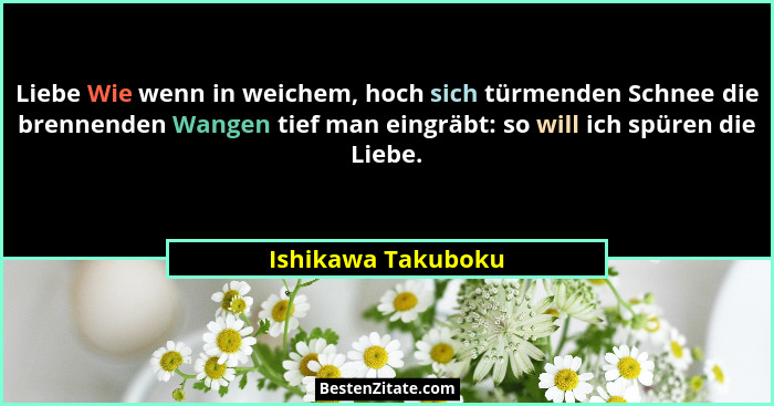 Liebe Wie wenn in weichem, hoch sich türmenden Schnee die brennenden Wangen tief man eingräbt: so will ich spüren die Liebe.... - Ishikawa Takuboku