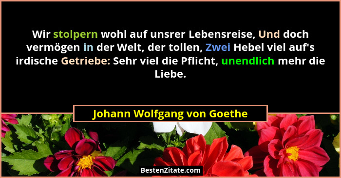 Wir stolpern wohl auf unsrer Lebensreise, Und doch vermögen in der Welt, der tollen, Zwei Hebel viel auf's irdische G... - Johann Wolfgang von Goethe