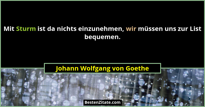Mit Sturm ist da nichts einzunehmen, wir müssen uns zur List bequemen.... - Johann Wolfgang von Goethe