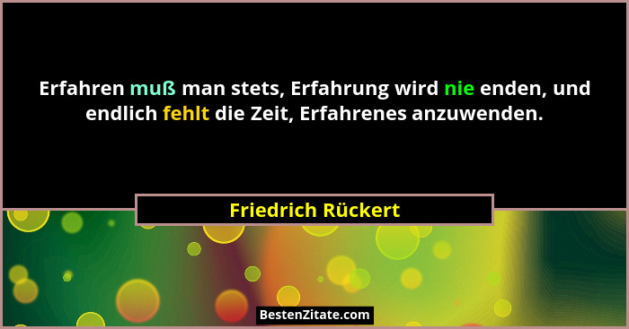 Erfahren muß man stets, Erfahrung wird nie enden, und endlich fehlt die Zeit, Erfahrenes anzuwenden.... - Friedrich Rückert