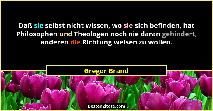 Daß sie selbst nicht wissen, wo sie sich befinden, hat Philosophen und Theologen noch nie daran gehindert, anderen die Richtung weisen... - Gregor Brand