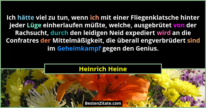 Ich hätte viel zu tun, wenn ich mit einer Fliegenklatsche hinter jeder Lüge einherlaufen müßte, welche, ausgebrütet von der Rachsucht... - Heinrich Heine