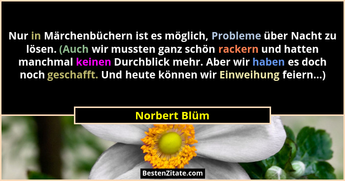 Nur in Märchenbüchern ist es möglich, Probleme über Nacht zu lösen. (Auch wir mussten ganz schön rackern und hatten manchmal keinen Dur... - Norbert Blüm