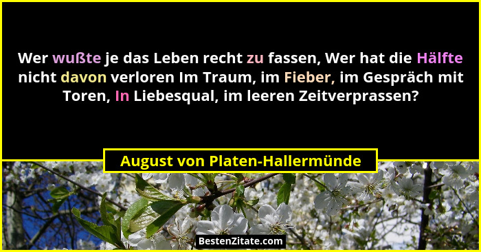 Wer wußte je das Leben recht zu fassen, Wer hat die Hälfte nicht davon verloren Im Traum, im Fieber, im Gespräch mit T... - August von Platen-Hallermünde
